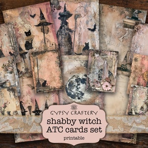 Cartões ATC de bruxa surrada, cartões de diário de lixo, itens efêmeros para impressão, suprimentos de diário, folha de colagem, scrapbooking, bruxaria, gato preto