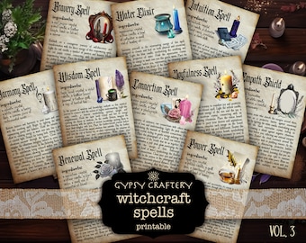 May include: A collection of printable witch spell cards with vintage-inspired illustrations. The cards feature various spells, including Harmony, Bravery, Wisdom, Renewal, Water Elixir, Intuition, Joyfulness, Connection, Power, and Empath Shield. Each card includes a list of ingredients and instructions for casting the spell. The cards are labeled "Gypsy Craftery Witchcraft Spells Printable Vol. 3".