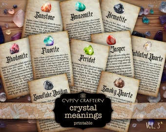 Crystal Meaning Cards Printable, Gemstones Cards, Witch Junk Journal Supplies, Witchy Ephemera, Grimoire Pages, Book Of Shadows, Bos