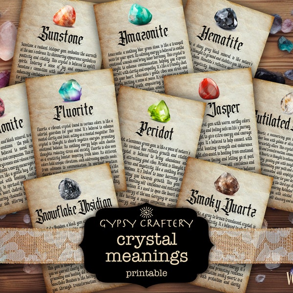 Crystal Meaning Cards Printable, Gemstones Cards, Witch Junk Journal Supplies, Witchy Ephemera, Grimoire Pages, Book Of Shadows, Bos