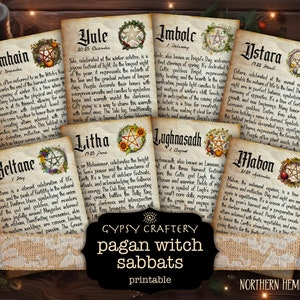 Karty Sabatu Pogańskich Wiedźm, Wydrukowane Strony Grimoire, Strony Księgi Cieni, Koło Roku, Wydruki Wiedźm, Wiccan, Ephemera