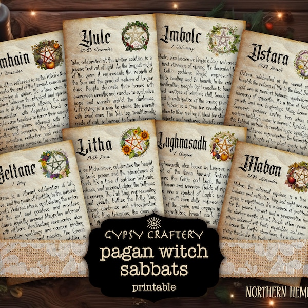 Pagan Witch Sabbat Cards, Printable Grimoire Pages, Book of Shadows Pages, Wheel Of The Year, Witch Printables, Wiccan, Ephemera