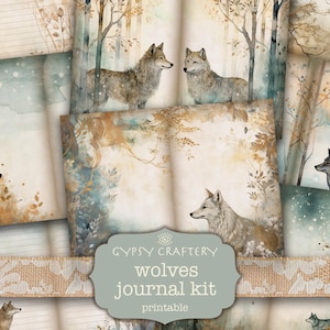 Kit diario spazzatura dei lupi, kit diario digitale del lupo, carta stampabile del lupo della foresta, forniture per diario, scrapbooking, artigianato, fai da te