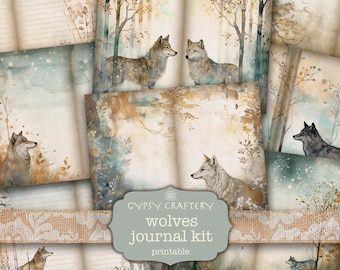 Wolves Junk Journal Kit, Wolf Digital Journal Kit, Forest Wolf Printable Paper, Journal Supplies, Scrapbooking, Crafts, Diy