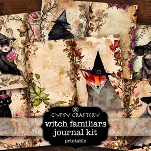 Può includere: Un kit di diario stampabile con illustrazioni di familiari di streghe. Il kit include immagini di un gatto nero, una volpe, un corvo, un furetto, un lupo e un gufo, tutti con cappelli da strega. Le immagini sono su uno sfondo di carta vintage con accenti floreali.