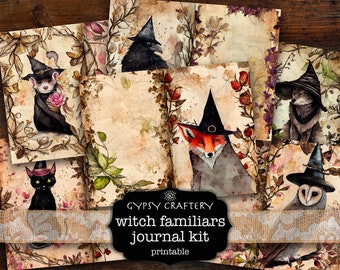 Puede incluir: Un kit de diario imprimible con ilustraciones de familiares de brujas. El kit incluye imágenes de un gato negro, un zorro, un cuervo, un hurón, un lobo y un búho, todos con sombreros de bruja. Las imágenes están sobre un fondo de papel vintage con acentos florales.