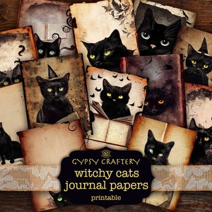 Witchy Cats Junk Journal Papers, strony do dziennika do druku, papiery cyfrowe, album, kolaż, artykuły do dziennika, Grimoire do druku