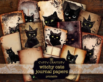 Witchy Cats Junk Journal Printable Papers, Grimoire Pages (Digital Download)