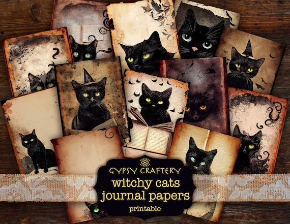 Witchy Cats Junk Journal Printable Papers, Grimoire Pages (Digital Download)