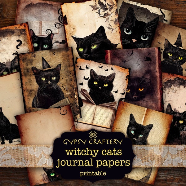 Witchy Cats Junk Journal Papers, Printable Journal Pages, Digital Papers, Scrapbook, Collage, Journal Supplies, Grimoire Printable