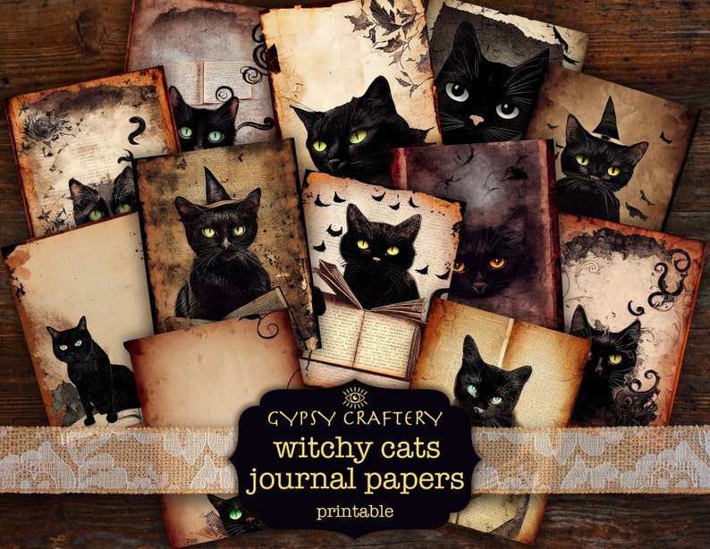 May include: A set of printable journal papers featuring black cats with witchy themes. The papers have a vintage, aged look with various designs and illustrations.