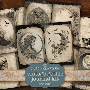 Vintage Gothic Junk Journal Kit, Printable Pages, Ephemera, Bookmarks, ATC Cards, Journaling Supplies, Moon, Roses, Skull