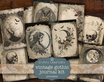 Vintage Gothic Junk Journal Kit, Printable Pages, Ephemera, Bookmarks, ATC Cards, Journaling Supplies, Moon, Roses, Skull