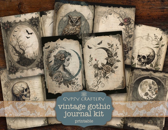 Vintage Gothic Junk Journal Kit, Printable Pages, Ephemera, Bookmarks, ATC  Cards, Journaling Supplies, Moon, Roses, Skull 