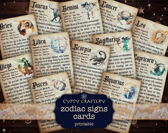 Zodiac Signs Printable Cards, Digital Download, Journal Ephemera, Astrology Junk Journal, Horoscope Cards, Birthdate Cards, Spirituality