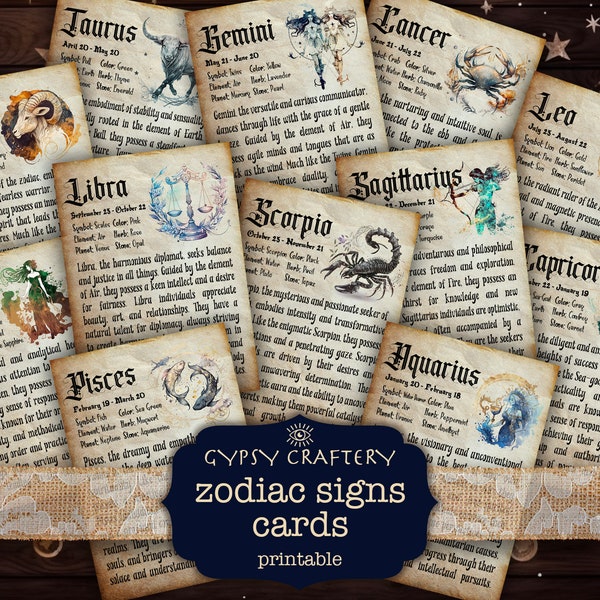 Zodiac Signs Printable Cards, Digital Download, Journal Ephemera, Astrology Junk Journal, Horoscope Cards, Birthdate Cards, Spirituality