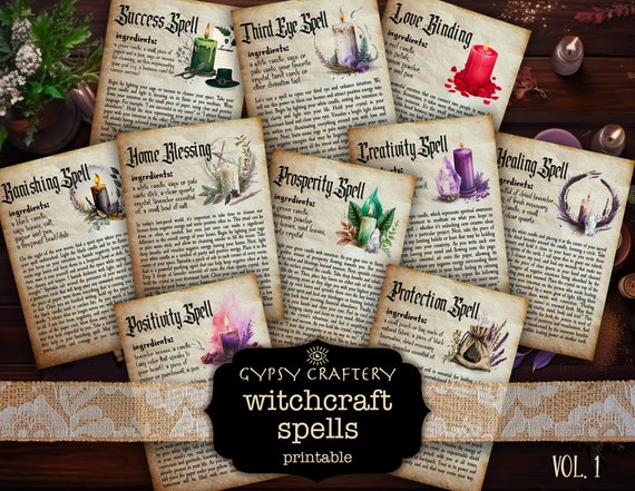 Witchcraft Spells Vol. 1: Printable Cards for Grimoire, Book Of Shadows, Witch Junk Journal