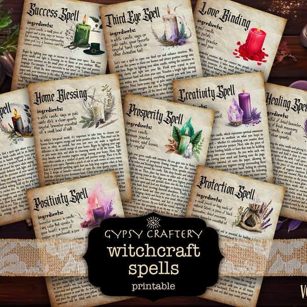 Witchcraft Spells, Printable Grimoire Pages, Spell Book, Book Of Shadows Pages, Witch Junk Journal, Witchy Ephemera, Digital Download