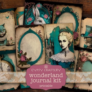 Wonderland Junk Journal Kit, afdrukbare pagina&#39;s, kortstondige, bladwijzers, ATC, plakboek, Alice, wit konijn, Cheshire Cat, Mad Hatter