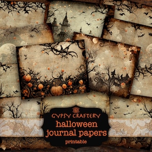 Könnte beinhalten: Set mit 10 druckbaren Halloween-Journalpapieren mit einer gruseligen, Vintage-Ästhetik mit Bildern von Mond, Fledermäusen, Bäumen und Kürbissen. Die Papiere sind abgenutzt und haben einen verblassten, antiken Look. Der Text "GYPSY CRAFTERY halloween journal papers printable" ist im Bild enthalten.