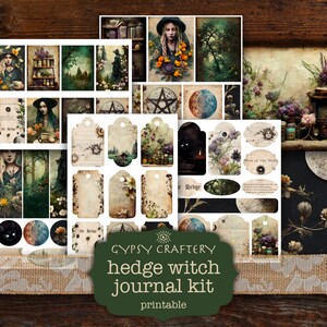 May include: Printable digital collage kit with a witchy theme. The kit includes images of a witch, a forest, a moon, a cat, and other magical elements. The kit is perfect for creating journals, planners, and other creative projects.