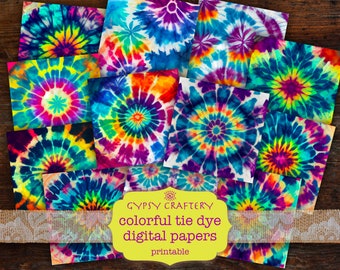 Digitaal papierpakket met regenboog tie-dye-effect, boho scrapbook-achtergronden (digitale download)