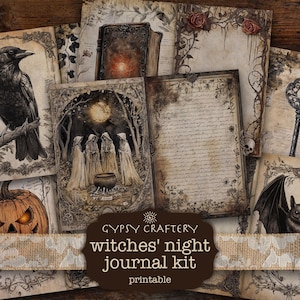 May include: A printable witchy journal kit with a black raven, a bat, a key, a pumpkin, and a forest scene. The kit includes several pages with handwritten text and decorative borders. The text on the kit reads "GYPSY CRAFTERY witches' night journal kit printable".