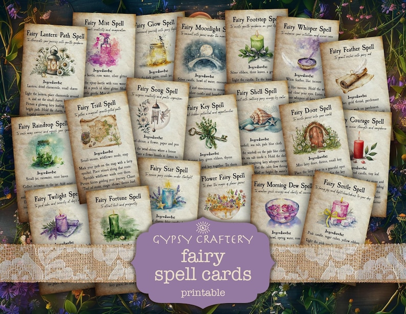Fairy Spells Printable Cards for Grimoire, Book of Shadows, Witch Junk — free download