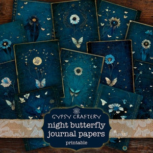 Carta per diario Night Butterfly Junk, pagine di diario stampabili, carte digitali, carta per album, carte per collage, forniture per diario