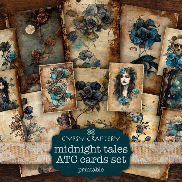 Midnight Tales ATC Cards, Junk Journal Cards, Printable Journaling Cards, Digital Download, Scrapbooking, Paper Crafts, Blue Roses