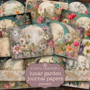 Papeles de diario basura de Lunar Garden, páginas de diario imprimibles, papel digital, álbumes de recortes, manualidades, flores, luna, naturaleza, estilo bohemio