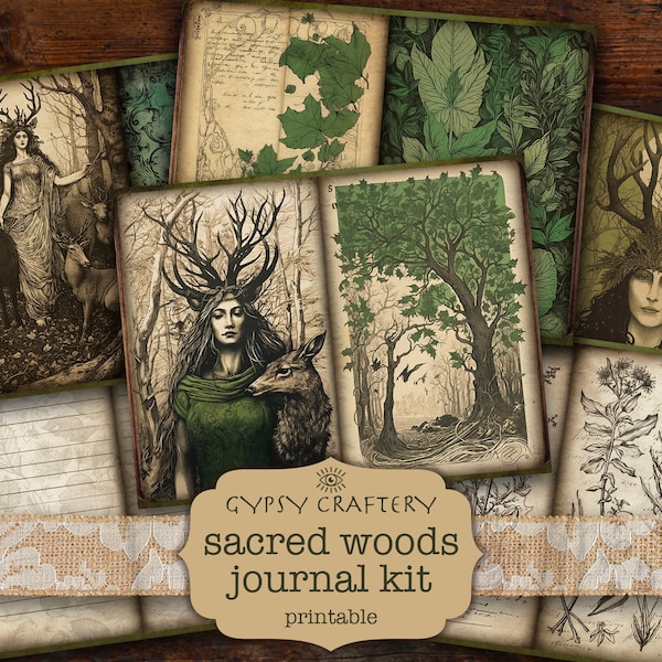 Sacred Woods Junk Journal Kit, Forest Printable Pages, Magic Ephemera Pack, ATC Cards, Scrapbook Paper, Crafts, Pagan, Celtic, Wiccan