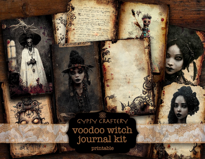Pu&ograve; includere: Un kit digitale stampabile per un diario di strega voodoo. Il kit include immagini di una strega, una bambola voodoo e un occhio inquietante. Le immagini sono in stile vintage con un aspetto usurato e invecchiato.