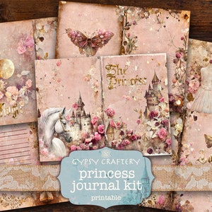 Princess Junk Journal Kit, Digital Download, Printable Pages, Ephemera, Bookmarks, ATC Cards,  Scrapbook Supplies, Pink, Gold