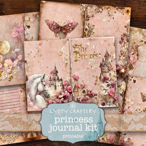 Princess Junk Journal Kit, Téléchargement numérique, Pages imprimables, Ephemera, Marque-pages, Cartes ATC, Fournitures de scrapbooking, Rose, Or