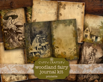 May include: A printable woodland fairy journal kit with a vintage aesthetic. The kit includes images of fairies, mushrooms, and a cottage, all in shades of brown and green.