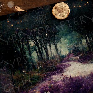 May include: A digital painting of a path through a forest at night. The path is lined with purple flowers and the trees are silhouetted against a starry sky. A full moon hangs in the sky above the trees. The text "Gypsy Craftery" is superimposed over the image.