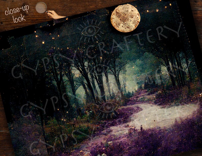 May include: A digital painting of a path through a forest at night. The path is lined with purple flowers and the trees are silhouetted against a starry sky. A full moon hangs in the sky above the trees. The text "Gypsy Craftery" is superimposed over the image.