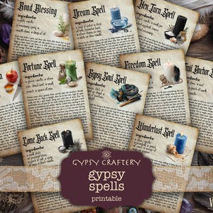 May include: A collection of vintage-style printable spell pages with various titles like "Road Blessing" and "Dream Spell." Each page features ingredients and instructions, with illustrations of candles, herbs, and other mystical items. The text "GYPSY CRAFTERY" is visible.