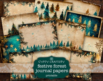May include: A set of printable digital papers featuring a festive forest theme. The papers have a vintage, rustic look with a teal and gold color scheme. The papers feature a variety of forest scenes with trees, stars, and lights.