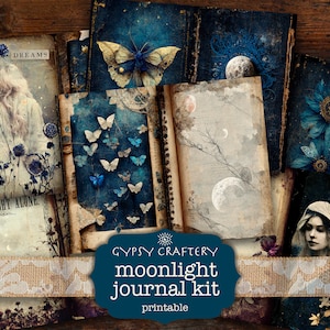Moonlight Junk Journal Kit, Forniture per diario, Pagine di diario stampabili, Ephemera, Schede ATC, Carta per album, Luna, Farfalle