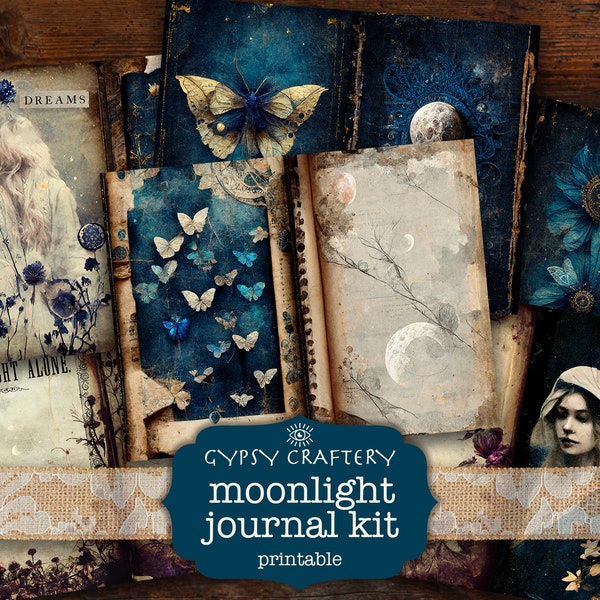Moonlight Junk Journal Kit, Journaling Supplies, Printable Journal Pages, Ephemera, ATC Cards, Scrapbook Paper, Moon, Butterflies