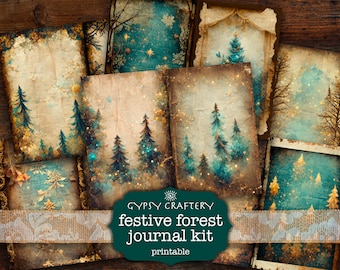 May include: A set of printable digital papers featuring a festive forest theme. The papers have a vintage, distressed look with a blue and gold color scheme. The papers feature images of pine trees, stars, and a snowy forest.