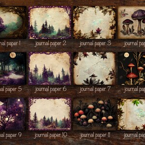 May include: Twelve digital paper designs featuring a variety of forest and mushroom themes. The papers have a vintage, aged look with a purple and green color scheme.