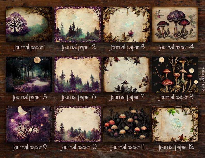 May include: Twelve digital paper designs featuring a variety of forest and mushroom themes. The papers have a vintage, aged look with a purple and green color scheme.