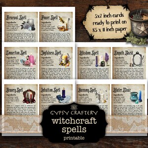 May include: Printable 5x7 inch cards featuring 10 different witchcraft spells with illustrations and instructions. The cards are ready to print on 8.5 x 11 inch paper.
