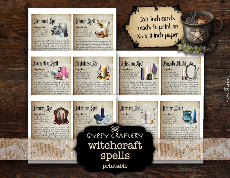 May include: Printable 5x7 inch cards featuring 10 different witchcraft spells with illustrations and instructions. The cards are ready to print on 8.5 x 11 inch paper.