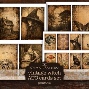 May include: A set of 12 printable vintage witch themed ATC cards. The cards feature images of a witch, a skull, a cat, a mushroom, a moon, a house, a butterfly, and other witchy imagery. The cards are perfect for scrapbooking, card making, or other crafting projects.
