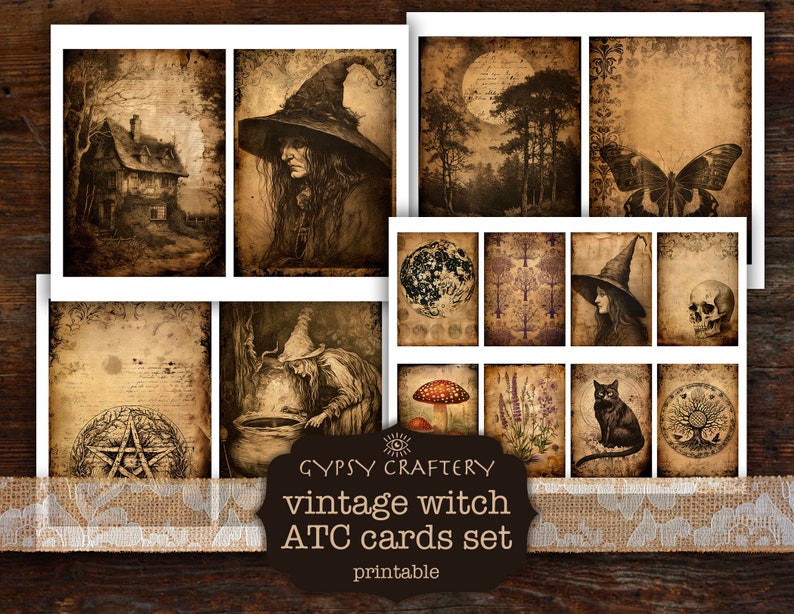 May include: A set of 12 printable vintage witch themed ATC cards. The cards feature images of a witch, a skull, a cat, a mushroom, a moon, a house, a butterfly, and other witchy imagery. The cards are perfect for scrapbooking, card making, or other crafting projects.