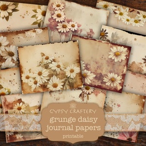 Grunge Daisy Junk Journal Papers, Printable Journal Pages, Shabby Chic Digital Paper Pack, Scrapbook Supplies, Crafts, Diy